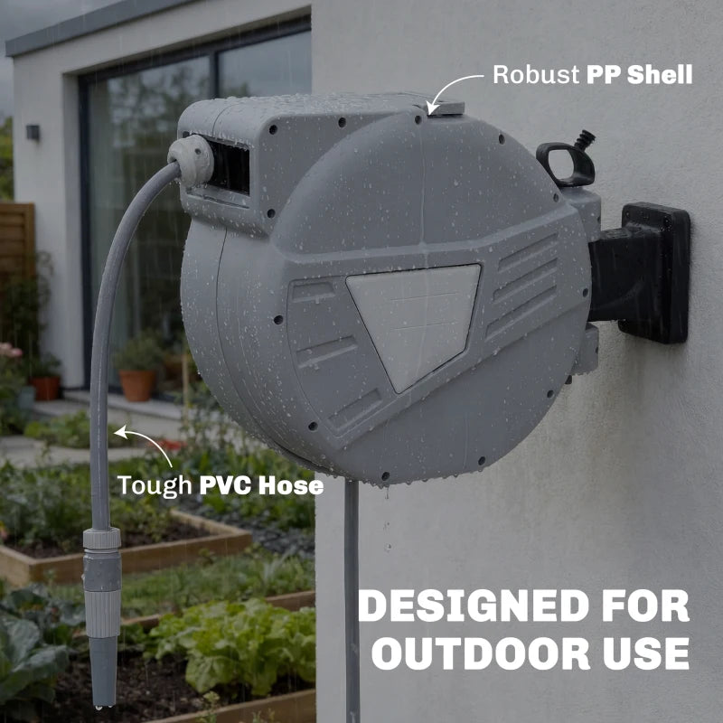Retractable Garden Hose Reel, 1/2" x 66ft Wall Mounted Hose Reel with Auto Retraction, Self-Locking, Grey