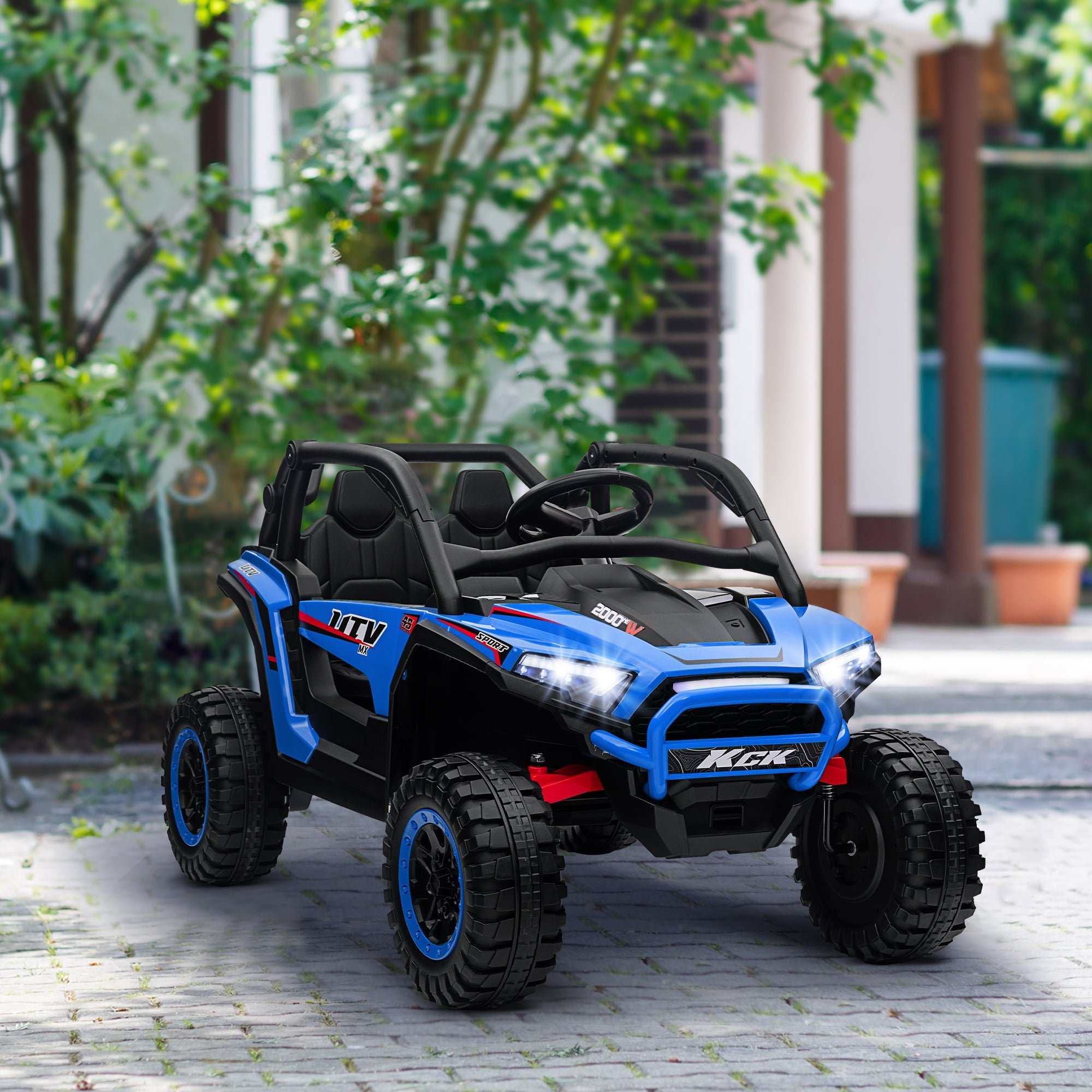 Qaba 2 Seater 24V 7AH Ride on Truck, Electric Car for Kids w/ Spring Suspension, Remote Lights, Horn, Music, Blue 