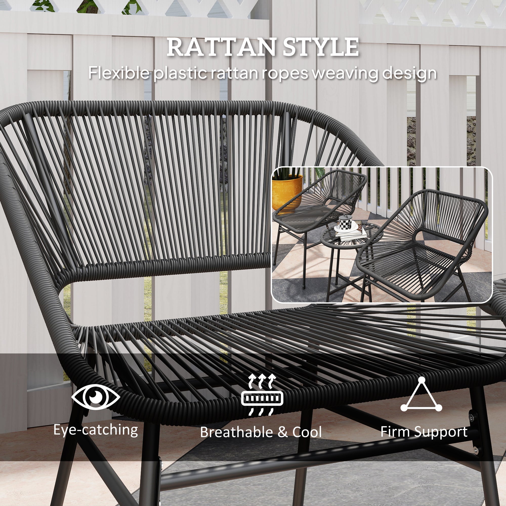 Outsunny 3 Piece Bistro Set, Wicker Outdoor Patio Furniture Set with Glass Top Table, Cushions for Balcony, Porch, Black 