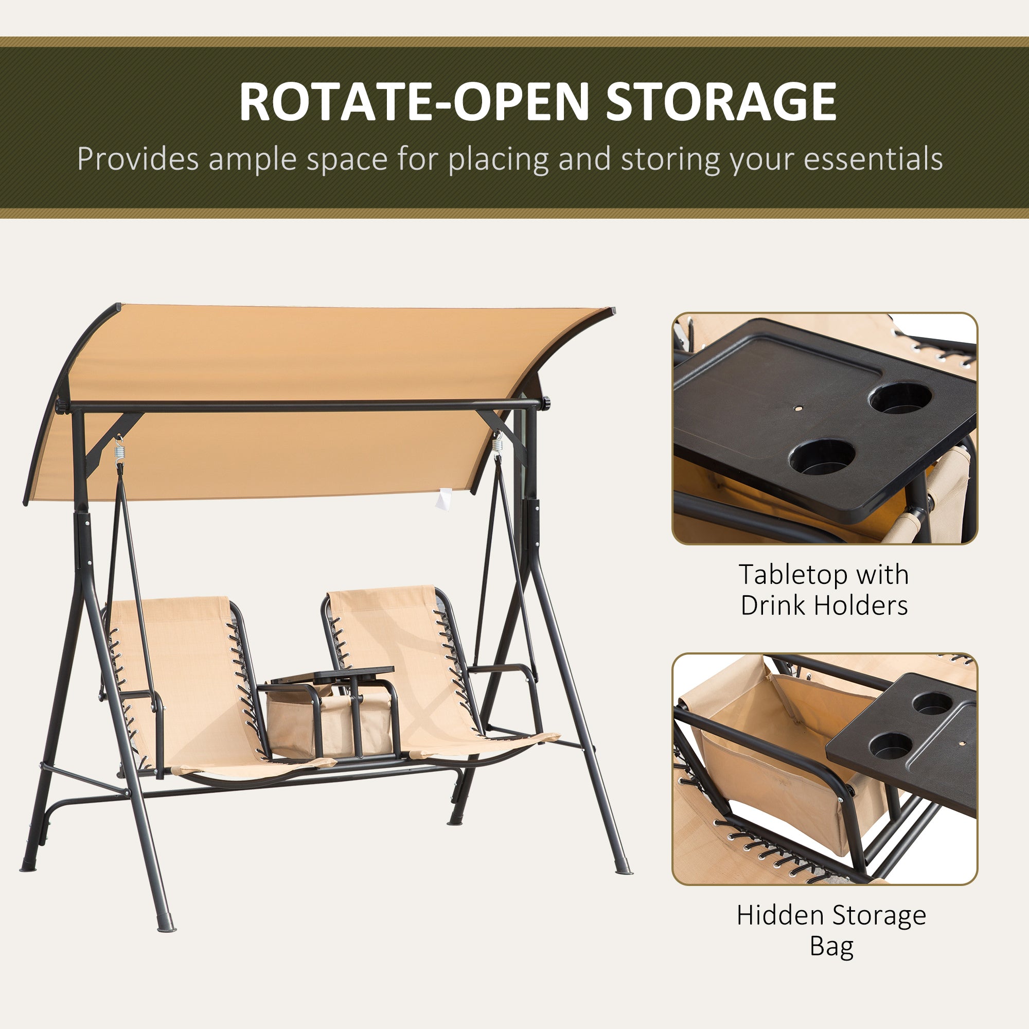 Outsunny Porch Swing: 2-Person Covered Swing with Pivot Table Cup Holder Adjustable Canopy Beige 