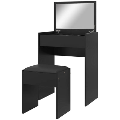 HOMCOM Modern Vanity Set with Makeup Table and Cushioned Stool, Dressing Table with Flip Top and Mirror for Bedroom, Black 
