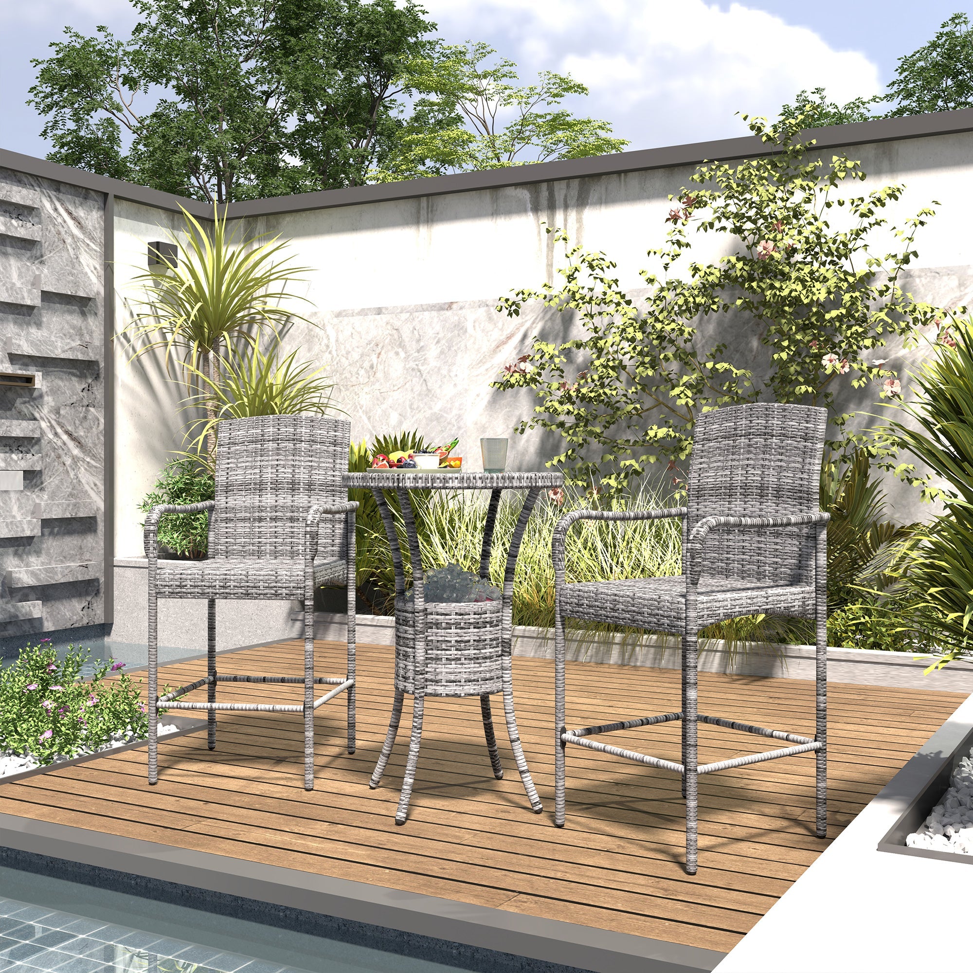 Outsunny 3 Pieces Patio Bar Set, Rattan Bistro Table and Chairs, Outdoor Conversation Furniture Set with Ice Bucket, Mixed Grey 