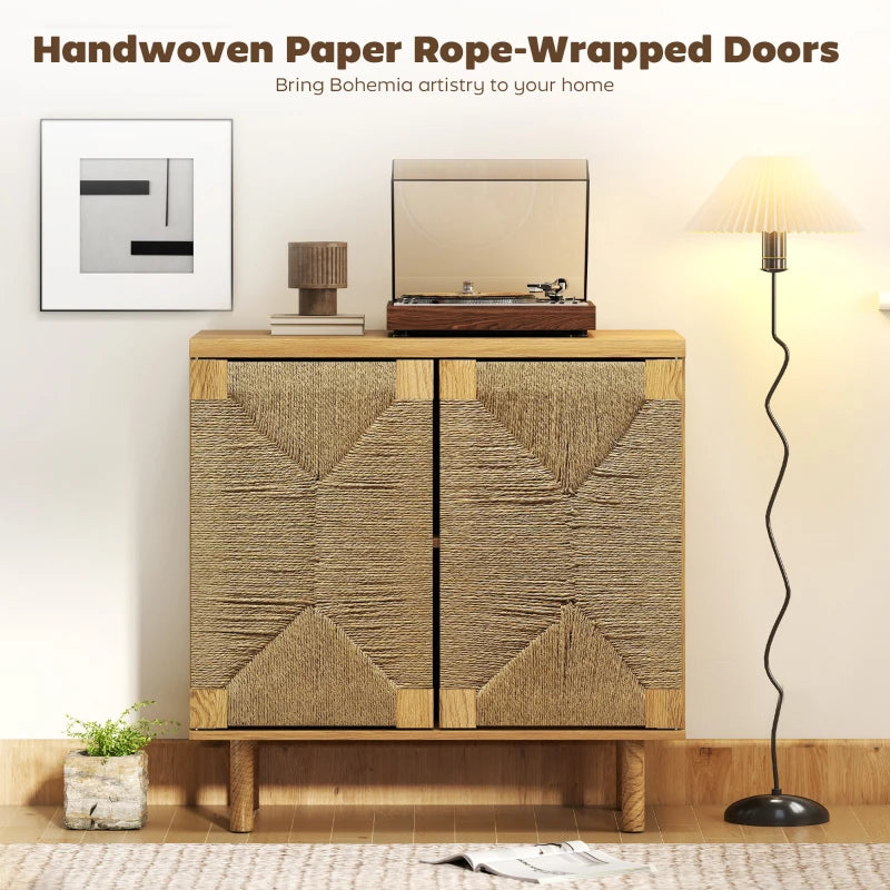 Handwoven Rope Accent Cabinet Boho Sideboard Buffet Cabinet with Push to Open Doors Adjustable Shelf Pine Wood Legs Oak