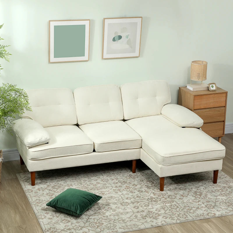 Modern Corner Couch with Right Chaise Lounge, Tufted 3-Seater Sofa with Wooden Legs for Living Room, Cream White