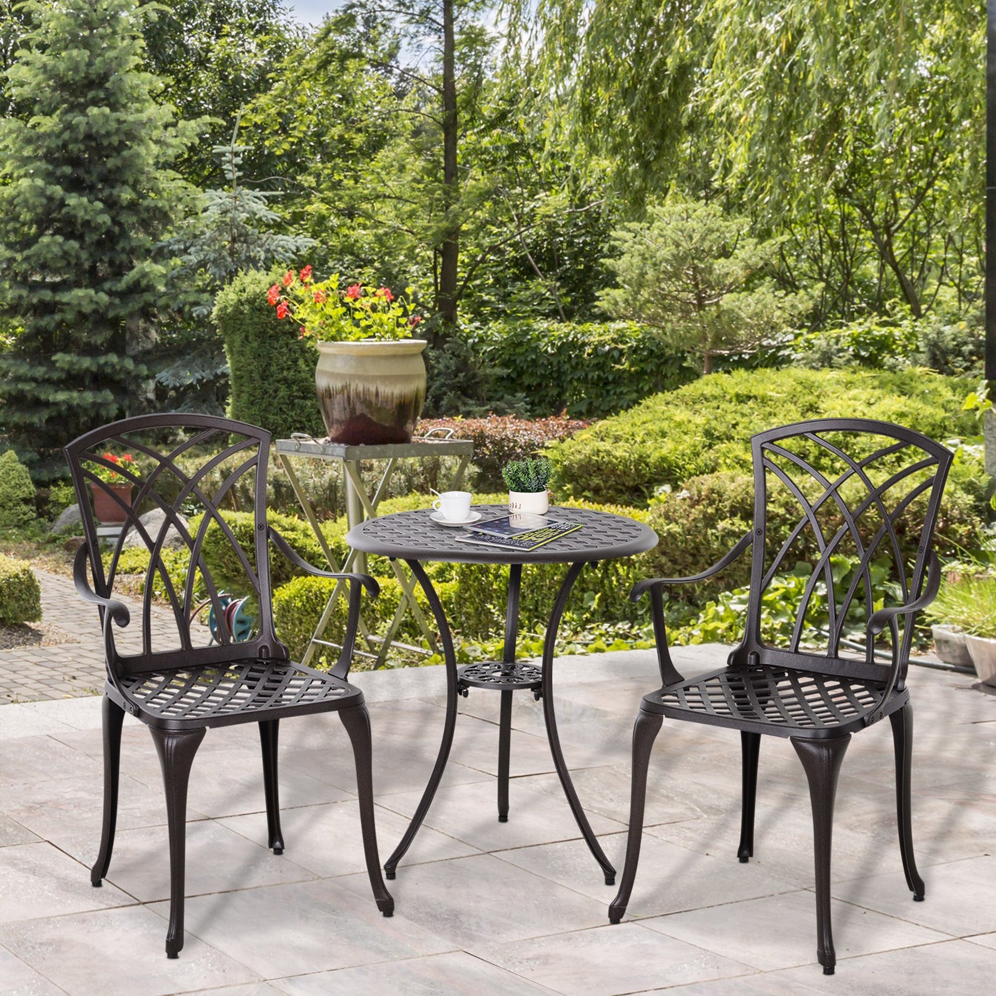 Outsunny 3 Pieces Patio Furniture Set, Outdoor Garden Conversation Set with Coffee Table, 2 Chairs and Umbrella Hole, Brown 