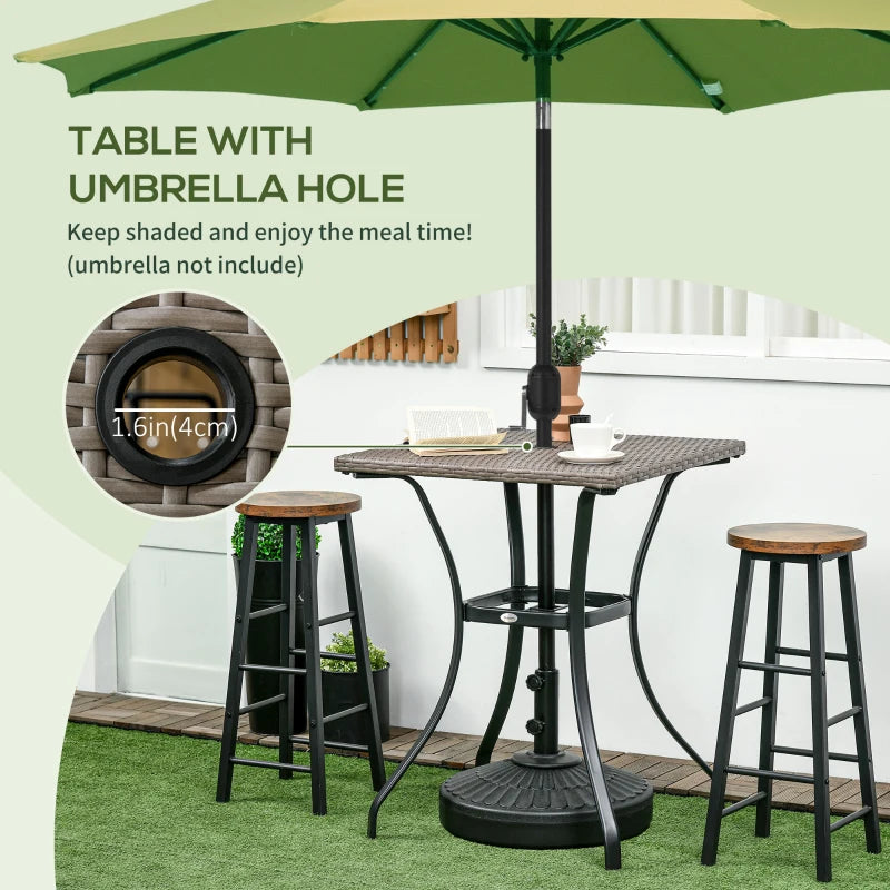 Patio Wicker Dining Table with Umbrella Hole, 34 Inch Outdoor PE Rattan Coffee Table with Plastic Board Under the Woven Table Top for Patio, Garden, Balcony, Light Grey