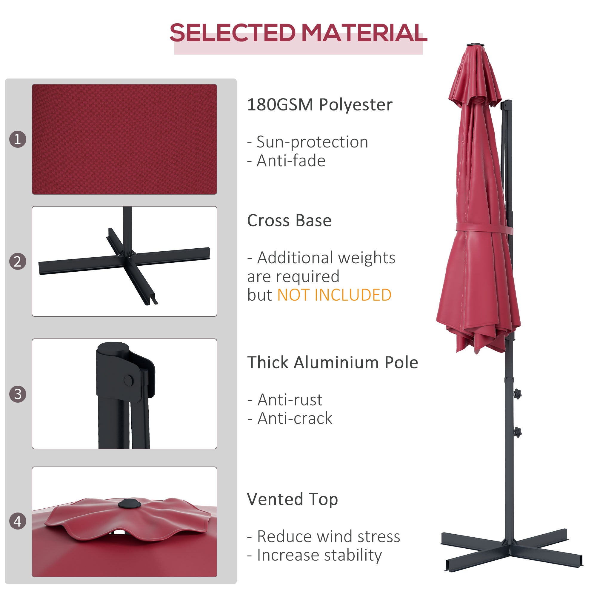 Outsunny Radiant Pavilion: 10FT Aluminum Offset Patio Canopy with 360° Rotation, Crank Tilt Mechanism Outdoor Red 
