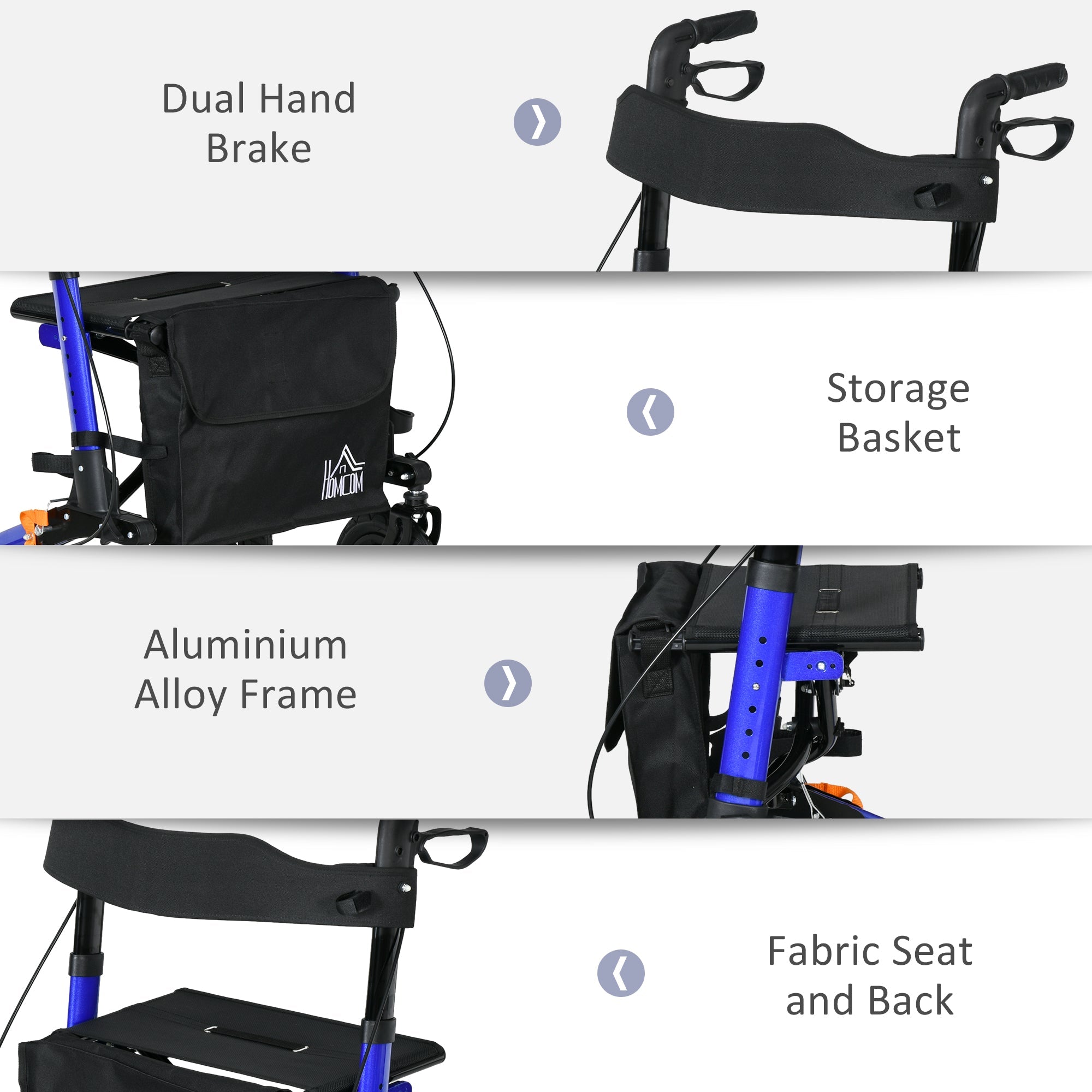 HOMCOM Advanced Rollator Walker for Seniors Seat & Rubber Wheels Lightweight Aluminum Adjustable Handle & Storage Bag Blue 
