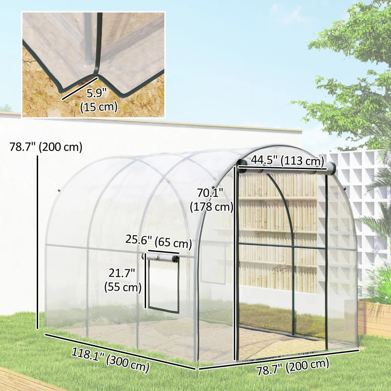 Polytunnel Greenhouse with Roll-up Door and Mesh Window, Walk-in Grow House Tent with Steel Frame, 3 x 2 x 2 m, Clear