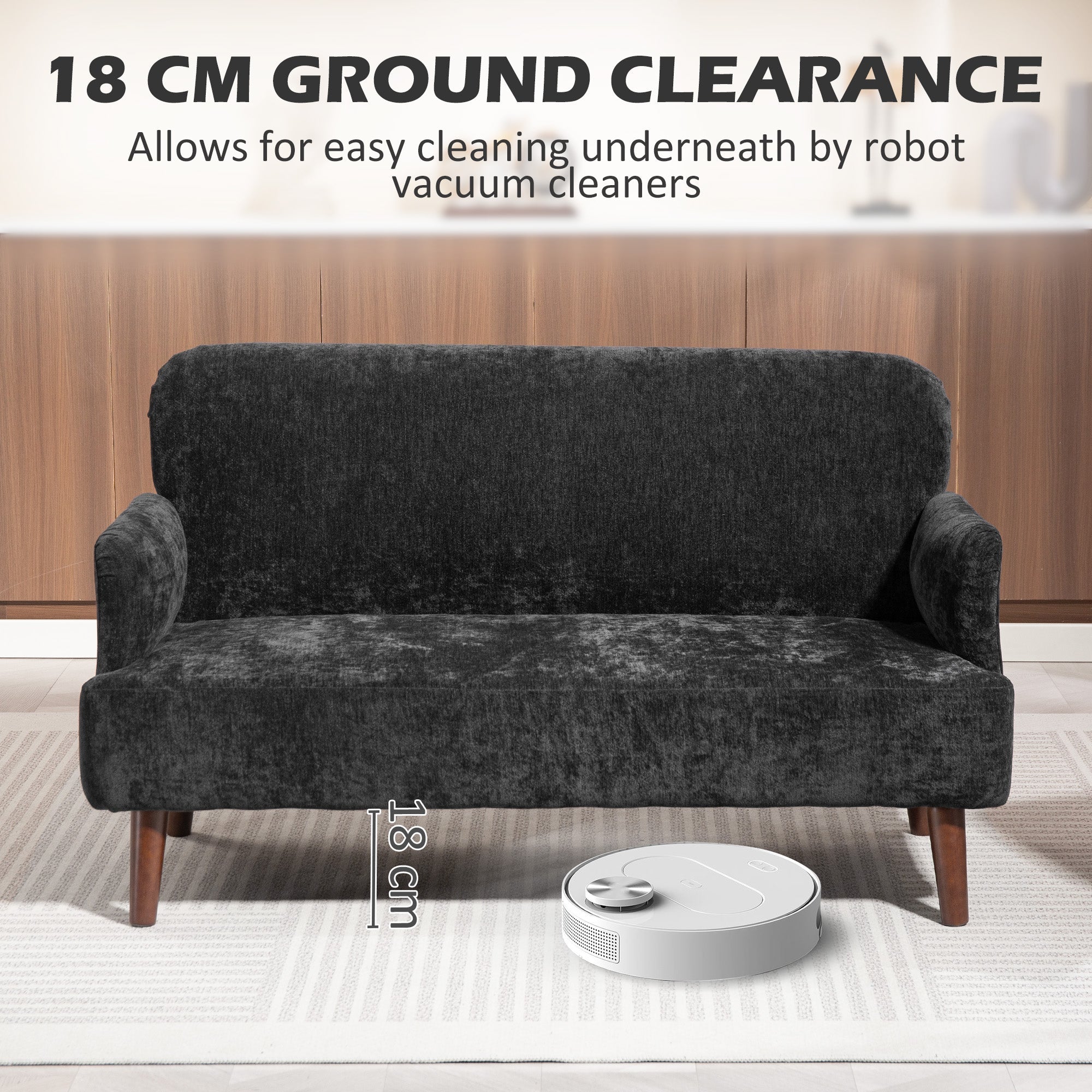 HOMCOM Velvet Feel Fabric 2 Seater Sofa, Small Sofa Loveseat with 8.3" Thick Padding and Wood Legs, Black 