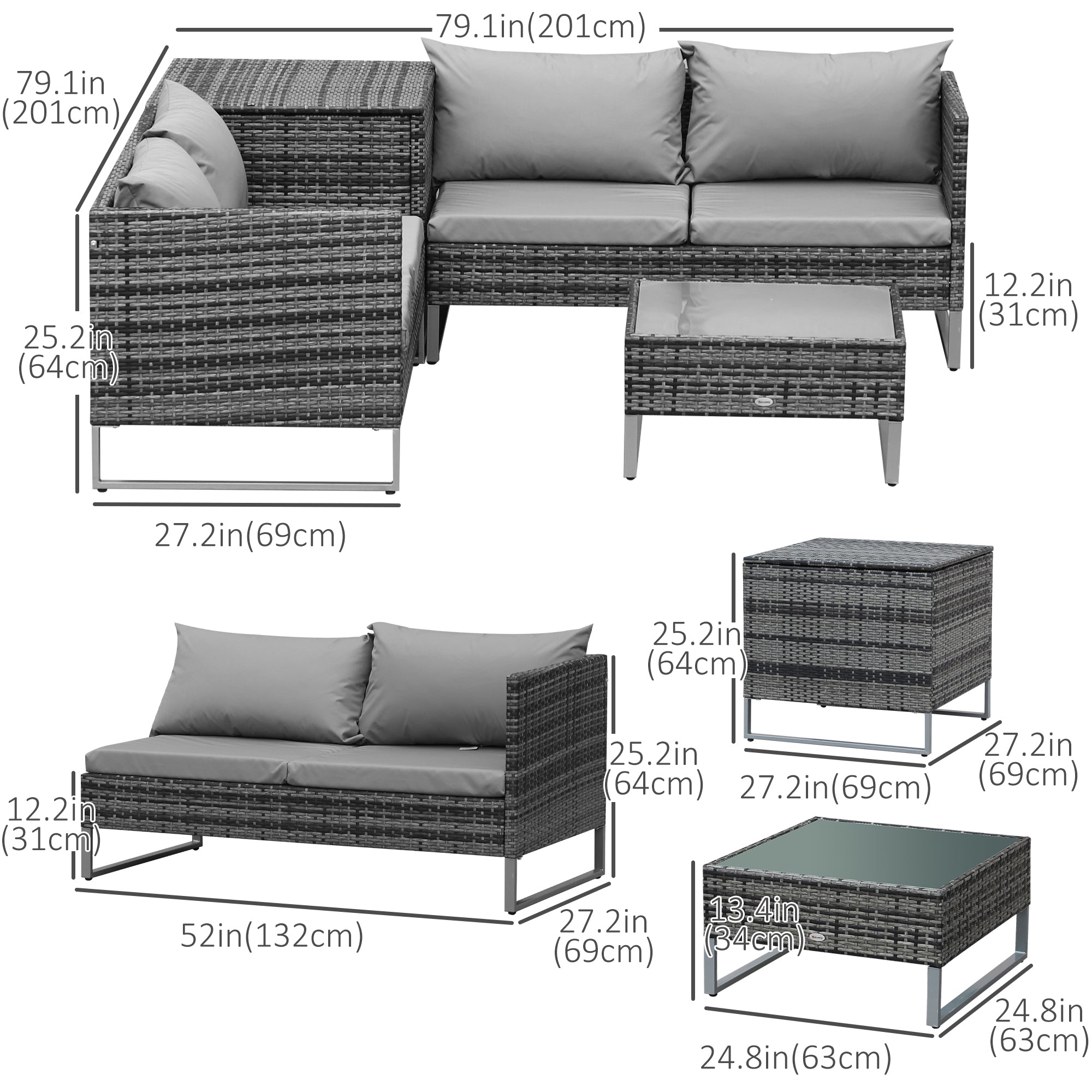 Outsunny 4 Piece Patio Furniture Set with Coffee Table and Corner Table for Backyard, Porch, Poolside, Balcony, Garden 