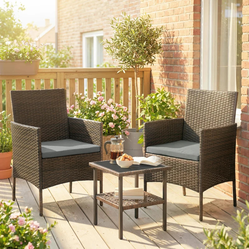 Wicker Bistro Set, 3 Piece Patio Furniture Set with 2-Tier Glass Top Table, Cushions for Balcony, Porch, Dark Grey