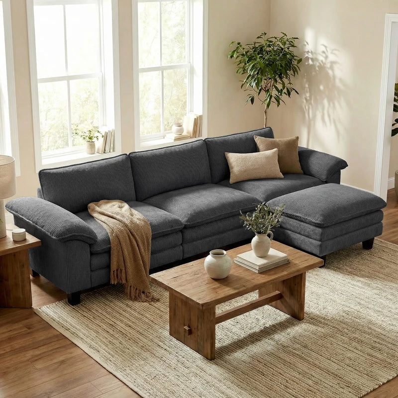 Sectional Sofa, L Shaped Couch with Deep Seat, Movable Ottoman and Pillow-top Armrests, Dark Grey