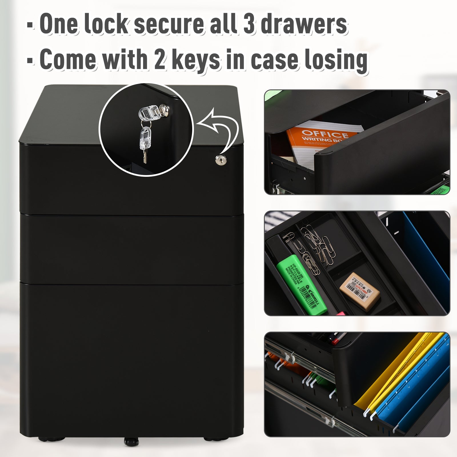 Vinsetto Compact File Vault: 3 Lockable Drawers & Smooth-Rolling Mobility for Secure Home Office Organization, Black 