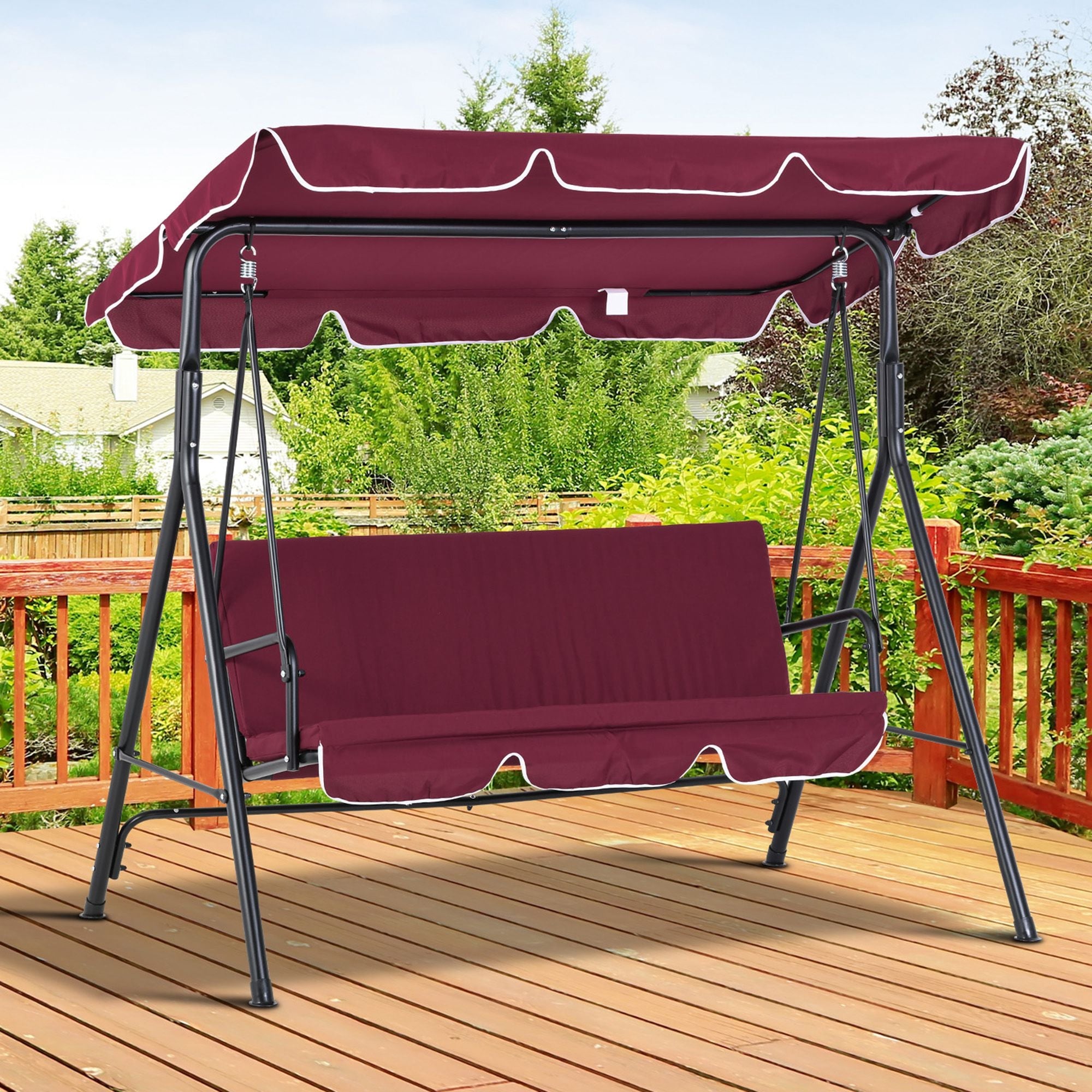 Outsunny Meatal 3-Seater Outdoor Porch Swing with Stand Cushioned Garden Lounger Patio Hammock with Frame and Canopy, Wine Red 