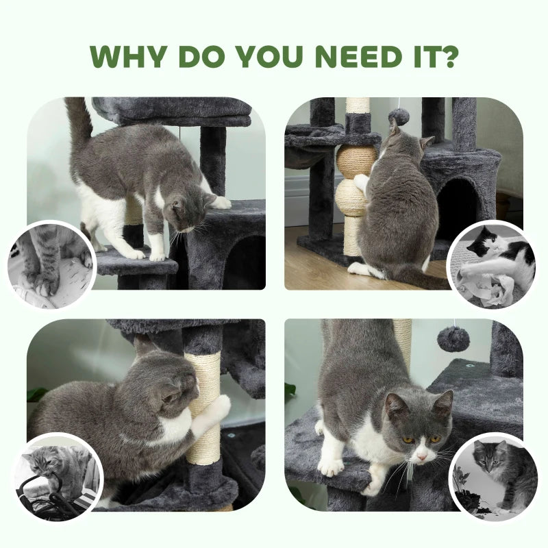 Cat Tower, 42" Multi-Level Cat Tree with Padded Plush Perch, Hammock, 2 Door Condos, Scratching Posts, Toy Balls