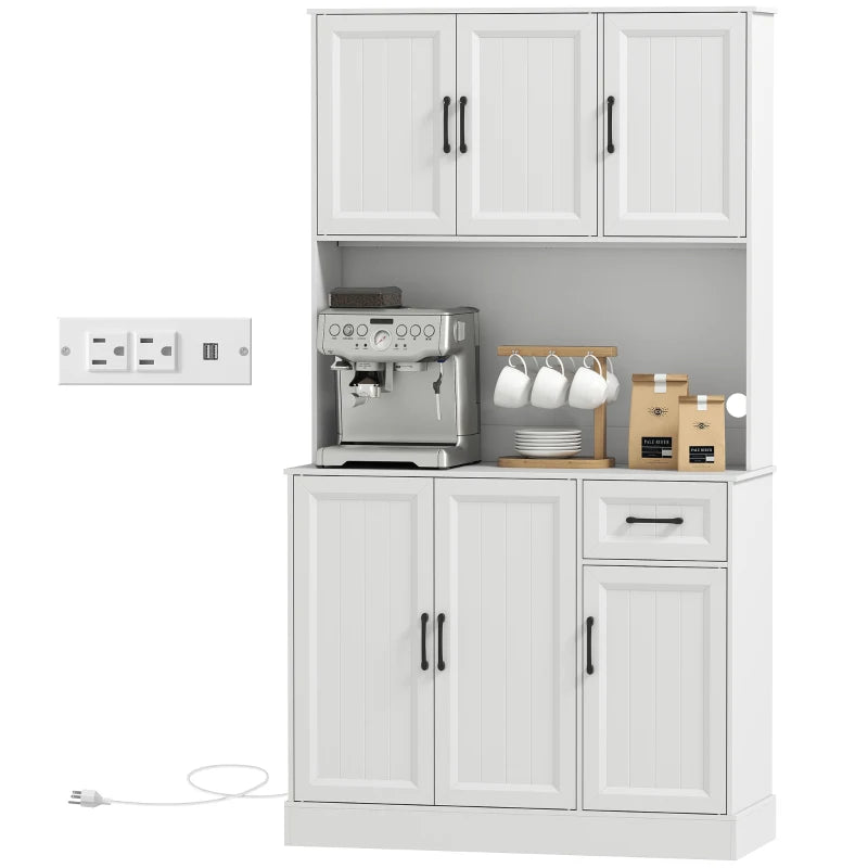 71" Pantry Cabinet with Charging Station, Kitchen Storage Cabinet with Microwave Stand, Adjustable Shelves, White