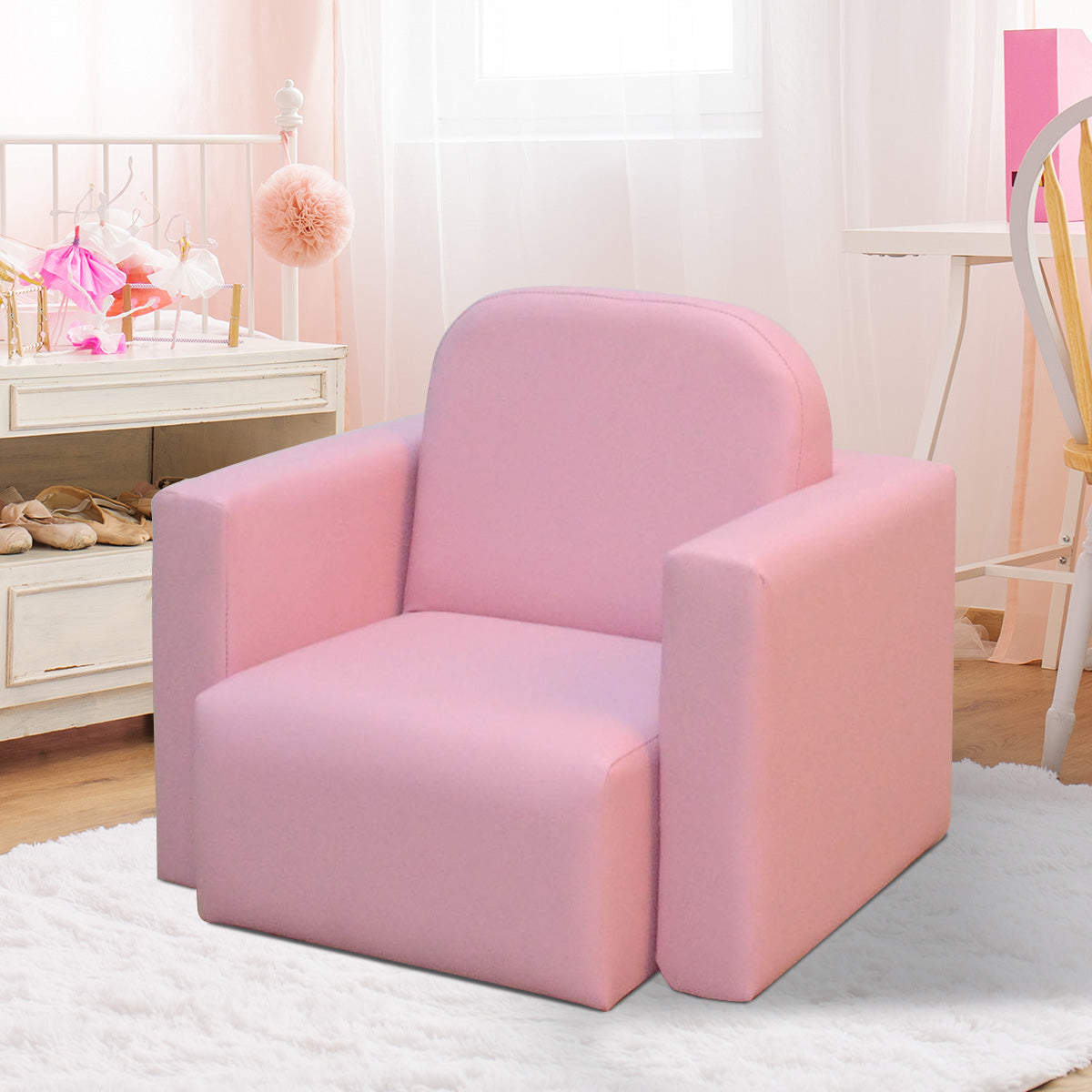 Qaba 2-in-1 Kids Convertible Table & Sofa Chair Set, Pink Multifunctional Toddler Armchair and Activity Couch 