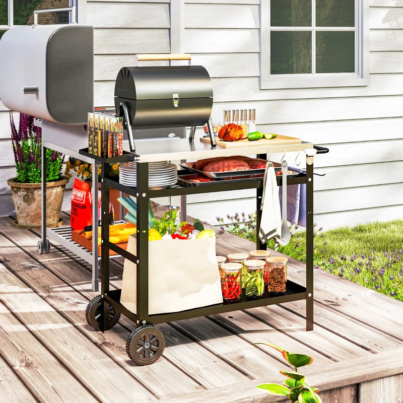BBQ Stand with Stainless Steel Top Adjustable Shelf, Outdoor BBQ Station with Hooks Seasoning Tray Towel Rack