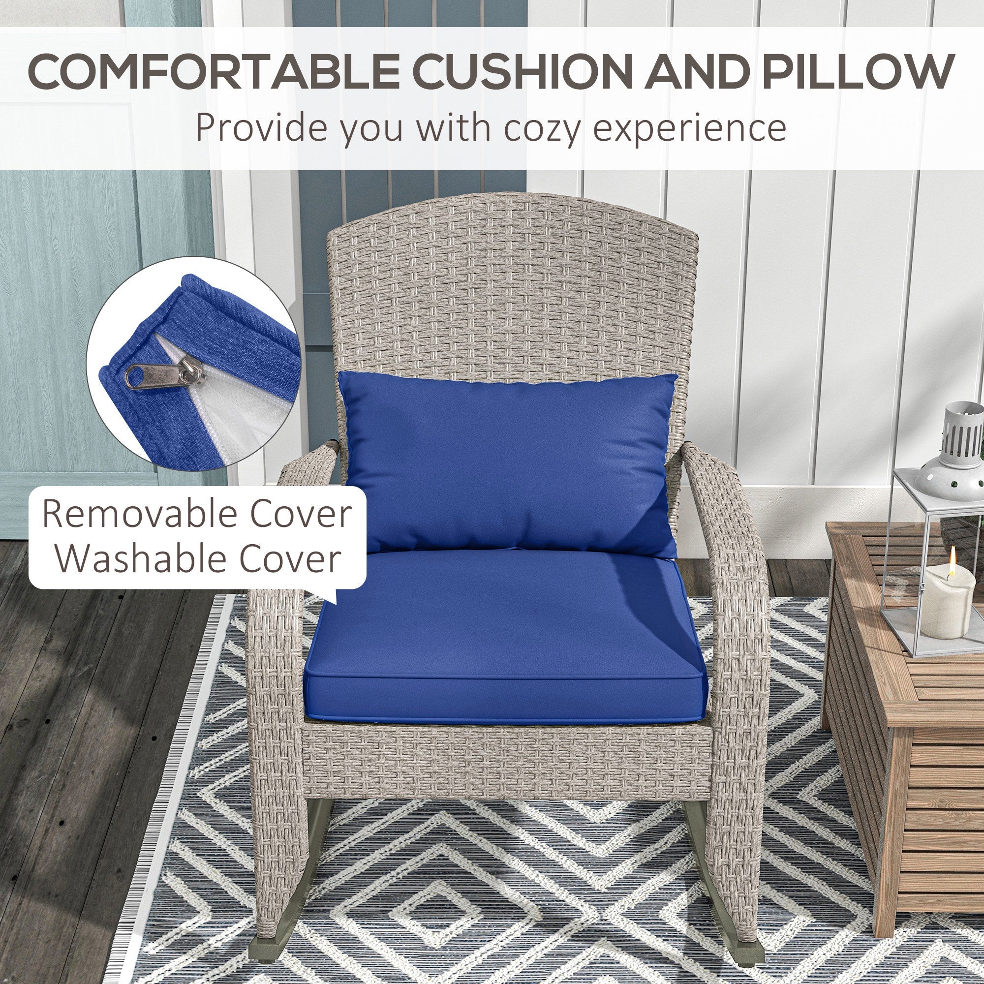 Outsunny Adirondack Chair, Outdoor Wicker Rocking Chair with High Back, Seat Cushion and Pillow for Porch, Balcony, Dark Blue 