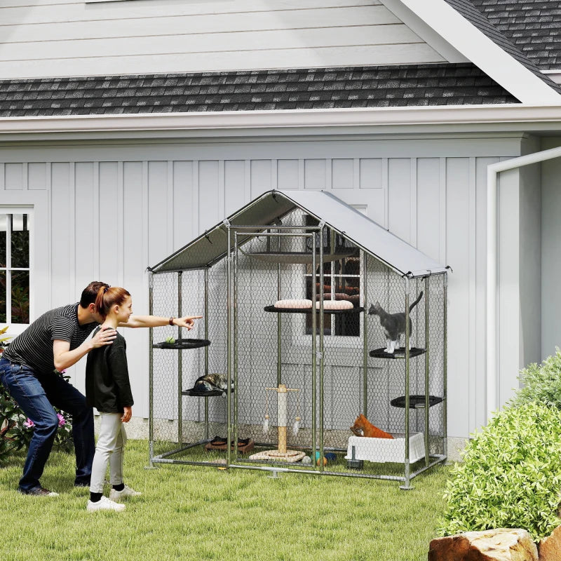Large Catio Outdoor Cat Enclosure with Waterproof Cover, Walk-in Cat Patio w/ 5 Adjustable Platforms & Hammock