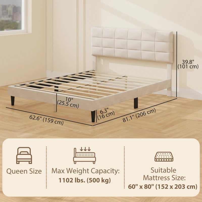 Queen Size Bed Frame with Upholstered Headboard, Modern Platform Bed Frame with Wood Slats, 1100 lbs Capacity, Cream