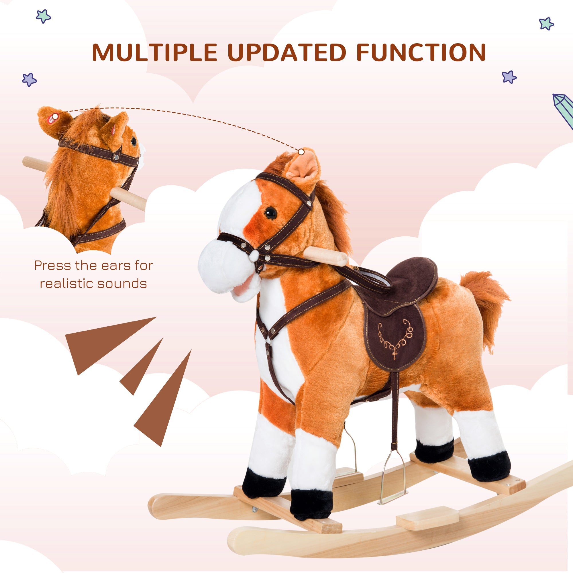 Qaba Kids Rocking Horse Poney Child Plush Ride on Toy w/ Realistic Sound Red Brown 