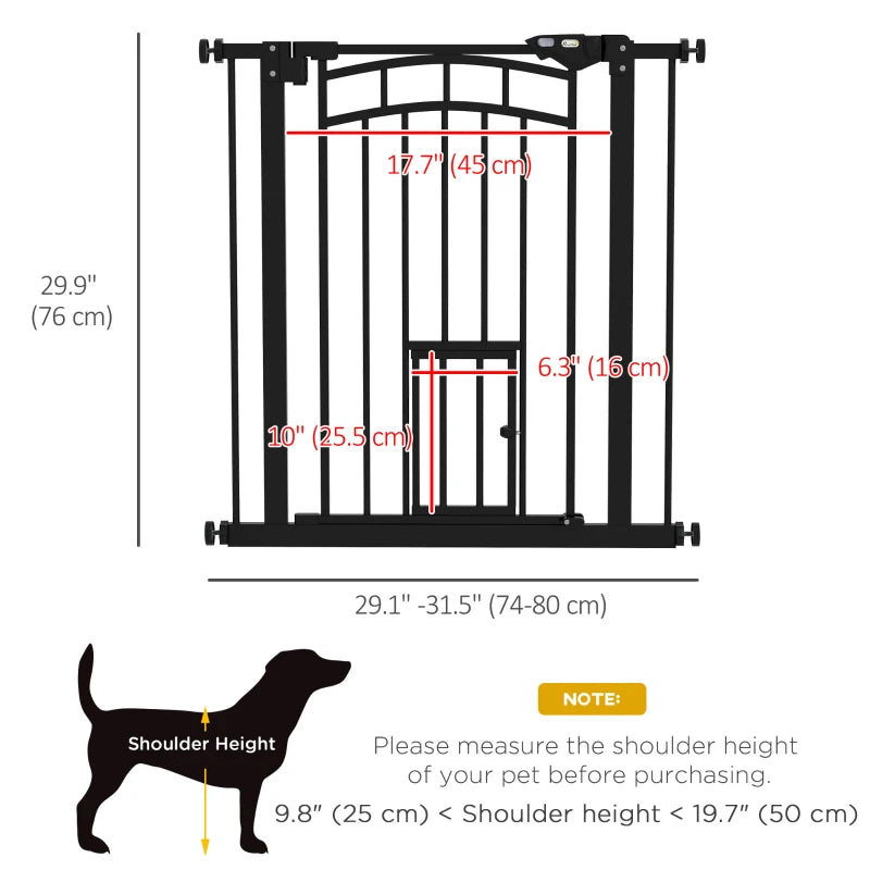 Auto-Close Pet Gate, Stair Gate with Cat Door, Double Locking for Doorways Hallways Stairs, Fits 29"-31.5" Wide, Black