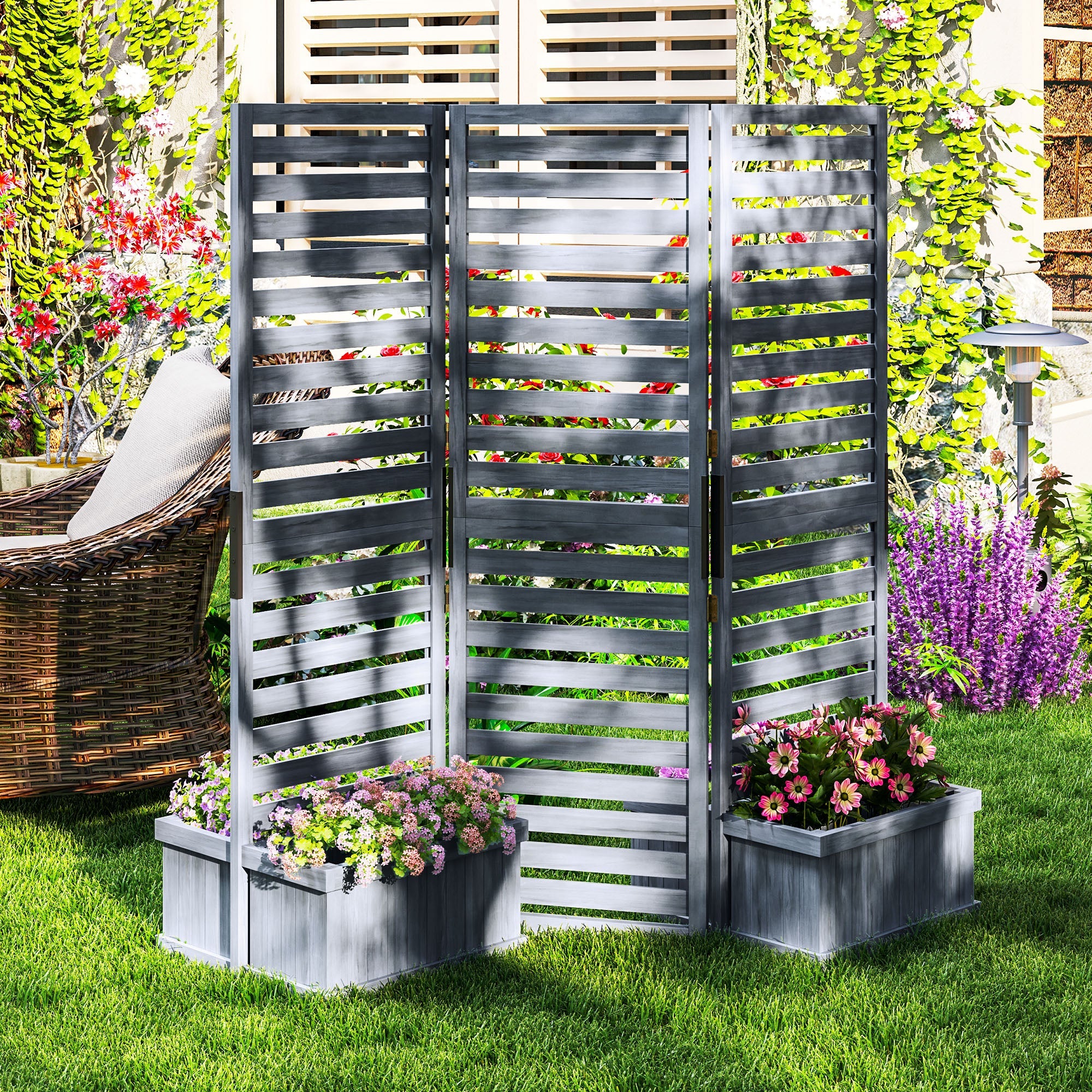Outsunny Outdoor Privacy Screen Wood Privacy Panel with 4 Planter Boxes, Raised Bed with 3 Panels, Drainage Holes 
