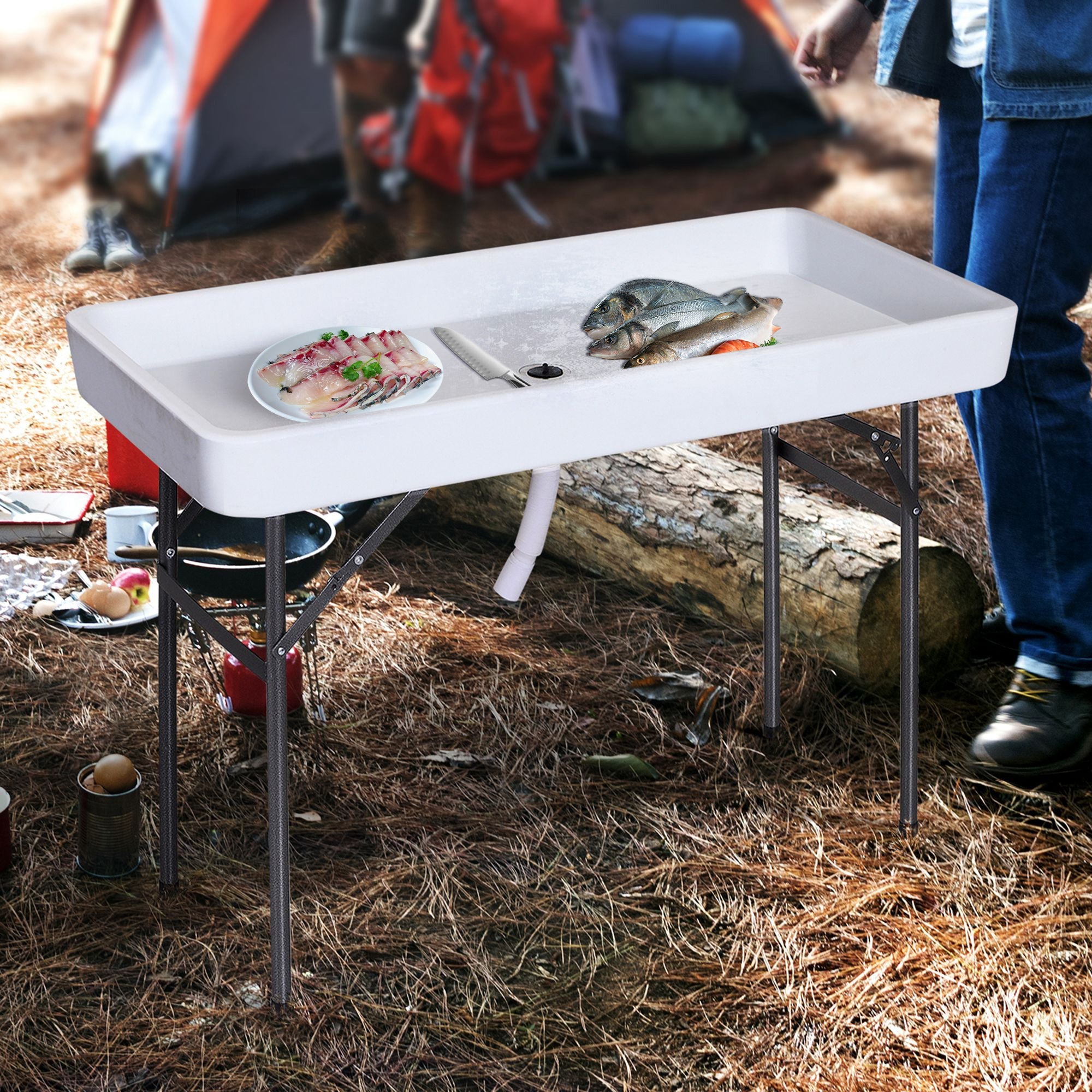 Outsunny 4ft Folding Picnic Table, Fish Fillet Cleaning Table, Camping Party Desk with Sink, White 