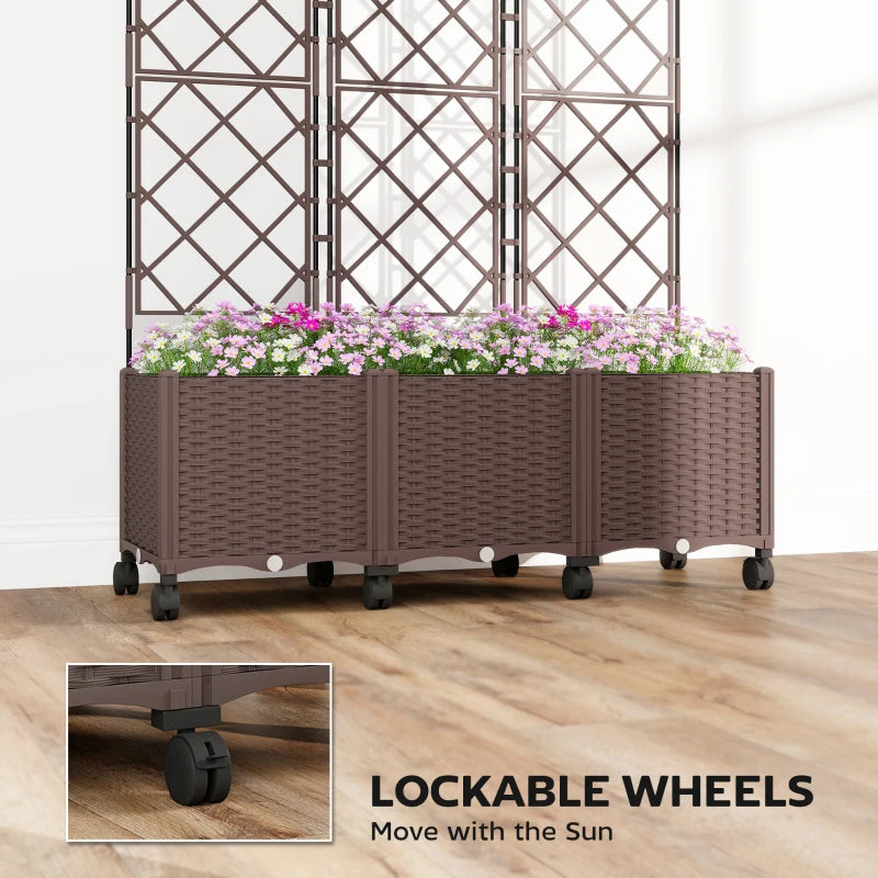 Plastic Raised Garden Bed with Trellis, Self Watering Planter Box with Wheels, Drainage Holes and Plugs