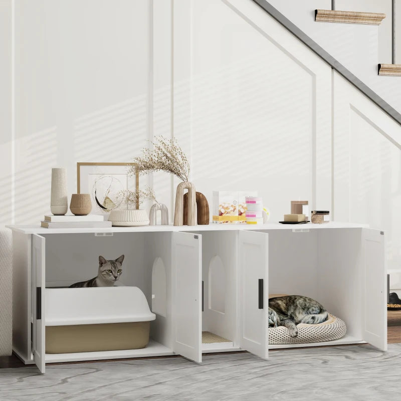 Cat Litter Box Enclosure with Double Room, Scratching Board for 2 Cats, 57" x 19" x 20", White