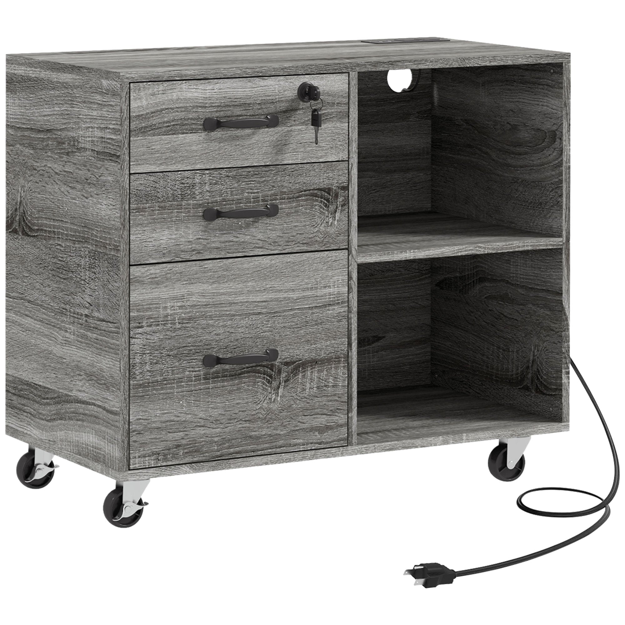 HOMCOM Mobile Printer Stand: USB Charging, Locking Cabinet for A4/Letter Size, Grey 
