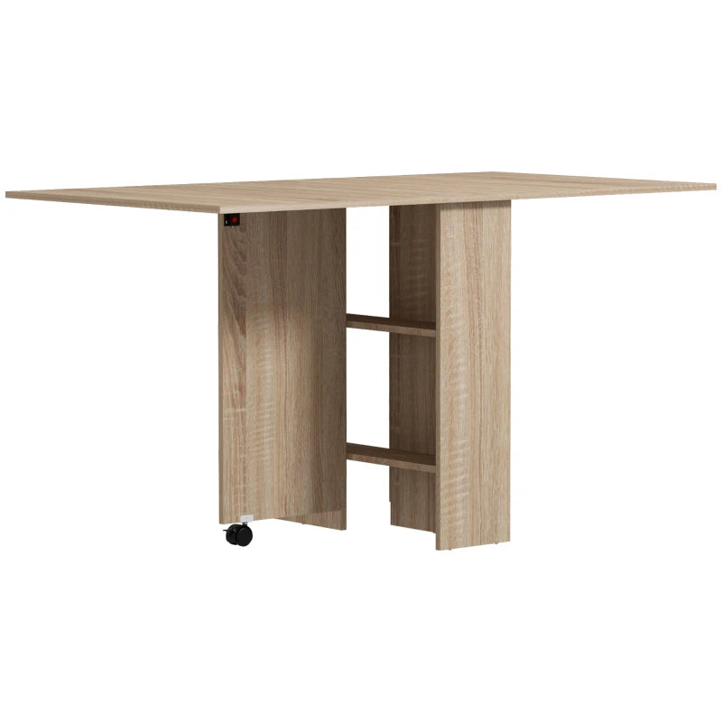 Extendable Dining Table, Collapsible Folding Table w/ 2-tier Shelves and Rolling Casters, Nature Wood