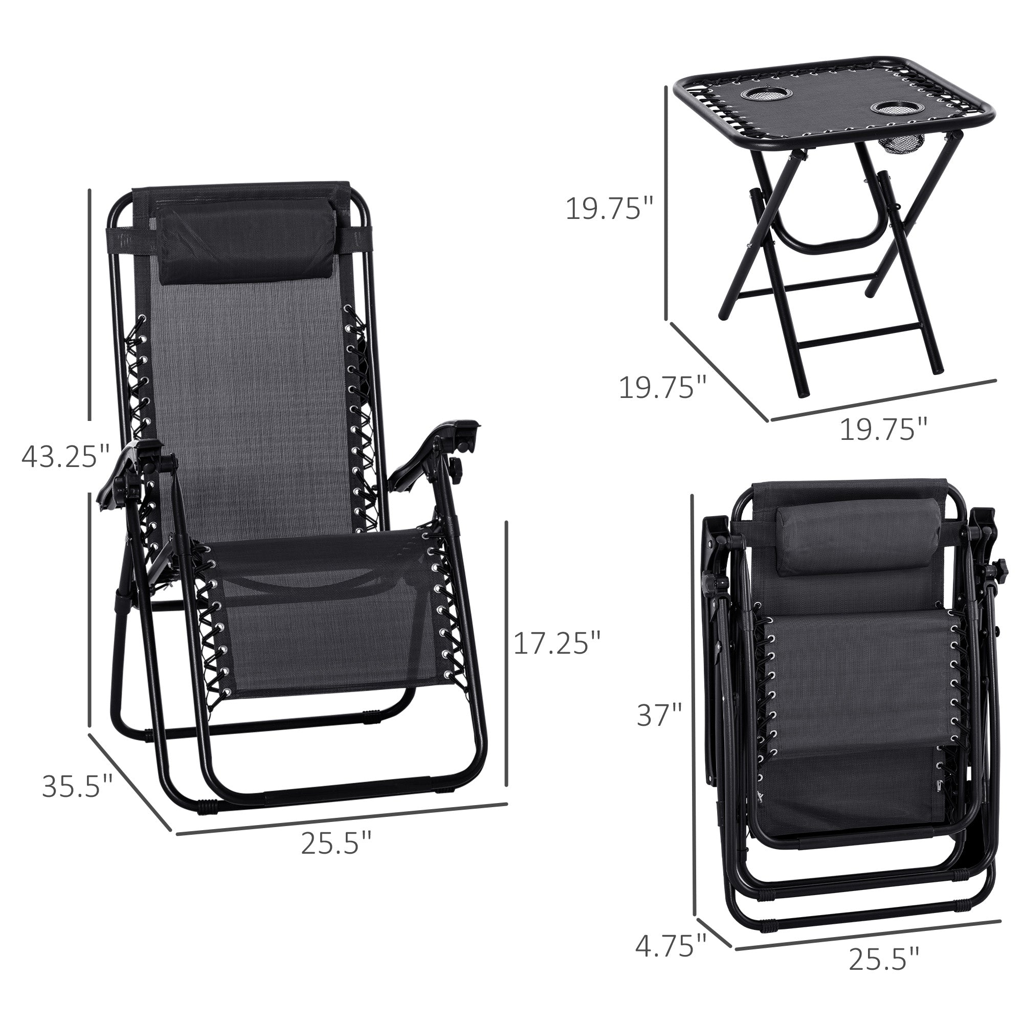 Outsunny Zero Gravity Serenity: 3pcs Patio Chaise Lounge Chair Set with Side Table, Cup Holder, Black Finish 