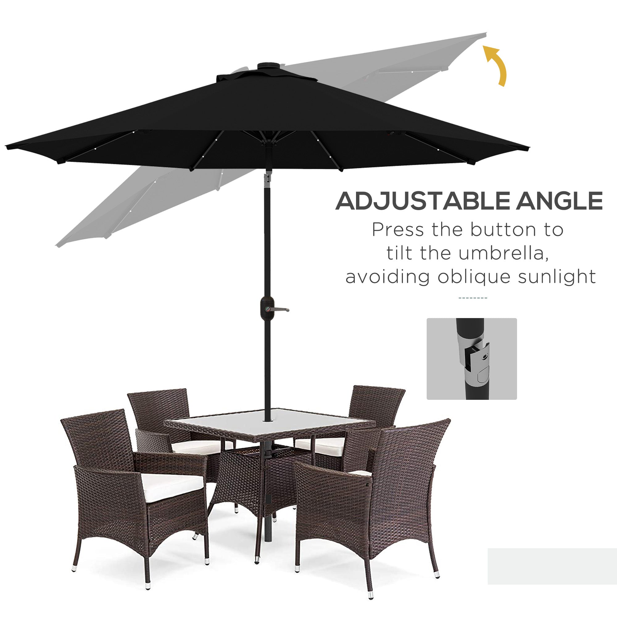 Outsunny 9ft Solar LED Outdoor Patio Umbrella: Black Tilt Canopy Sunshade for Evening Gatherings 