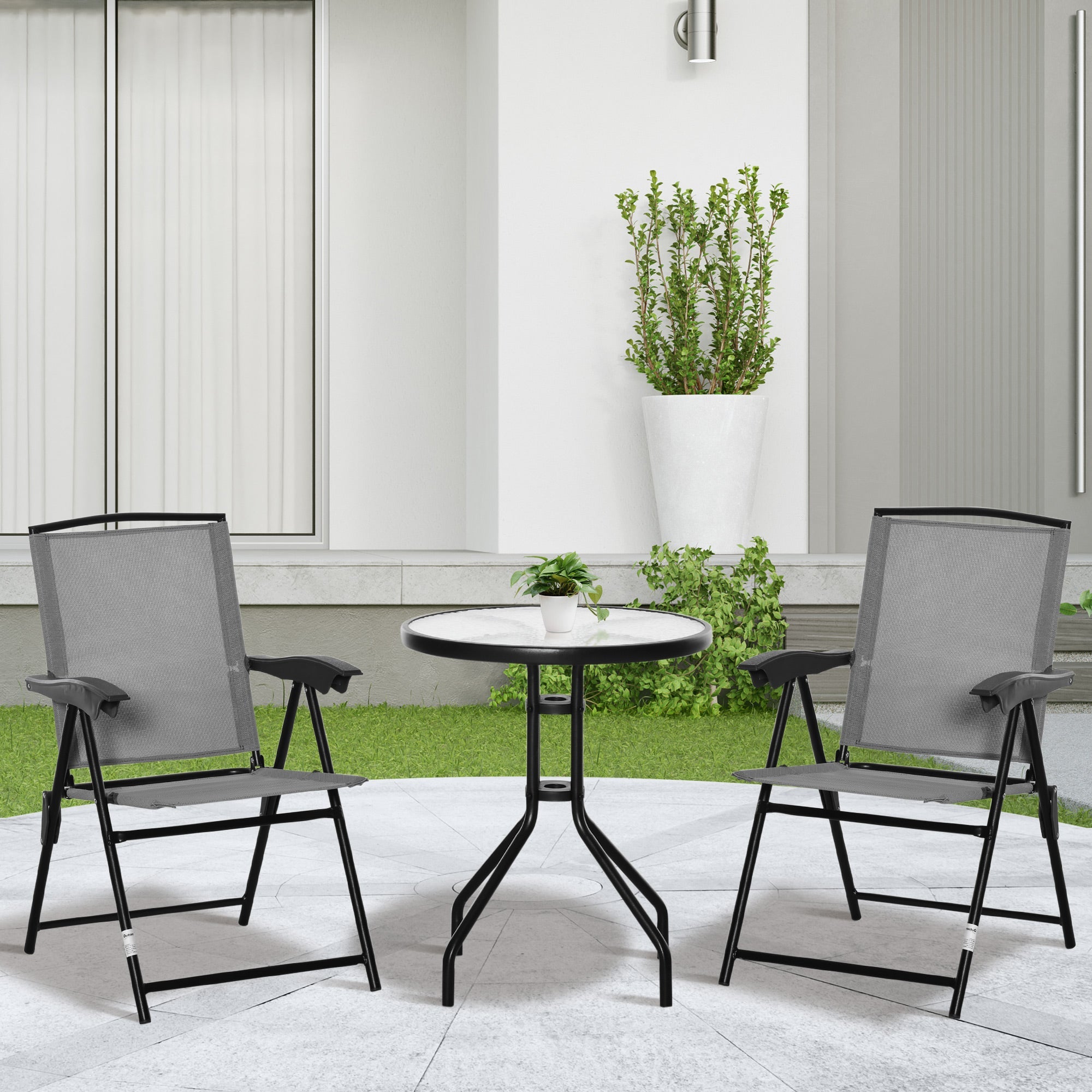 Outsunny Folding Outdoor Bistro Set, Patio Table and Chairs with Reclining Backrest and Round Dining Table, Grey 