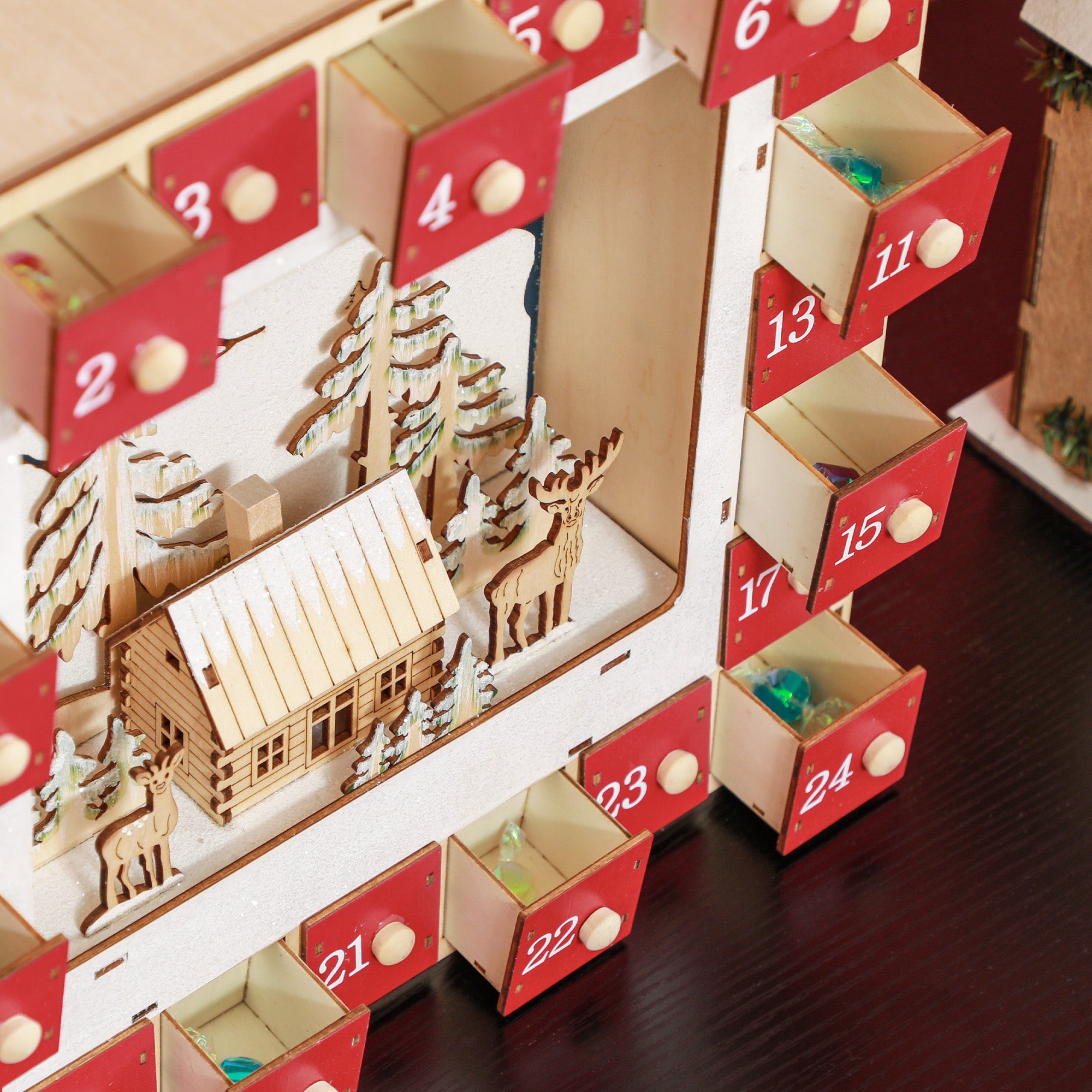 HOMCOM Wooden Christmas Advent Calendar, Light Up Holiday Decoration with 24 Countdown Drawers, Battery Operated 