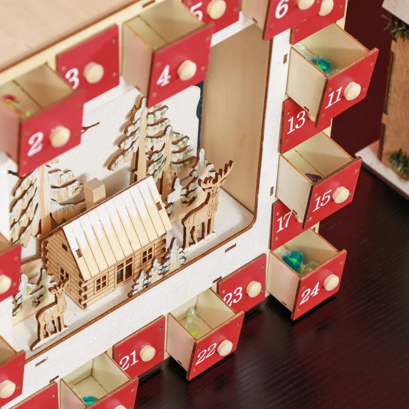 HOMCOM Wooden Christmas Advent Calendar – 24 Fillable Countdown Drawers with LED Lights, Battery Operated, Reusable 