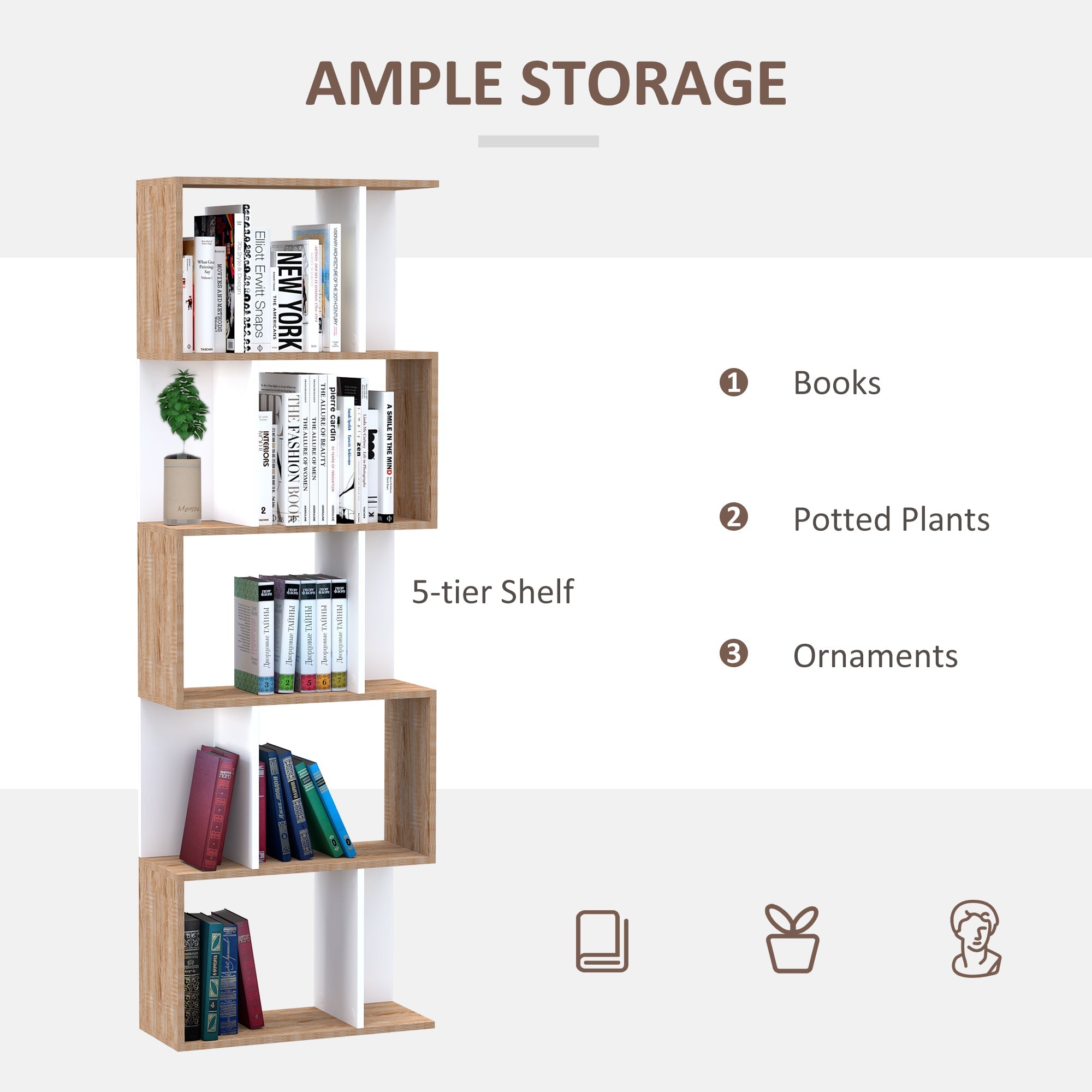 HOMCOM 5-Tier Modern Bookcase Display Shelf Storage Room Divider for Living Room Home Office White 