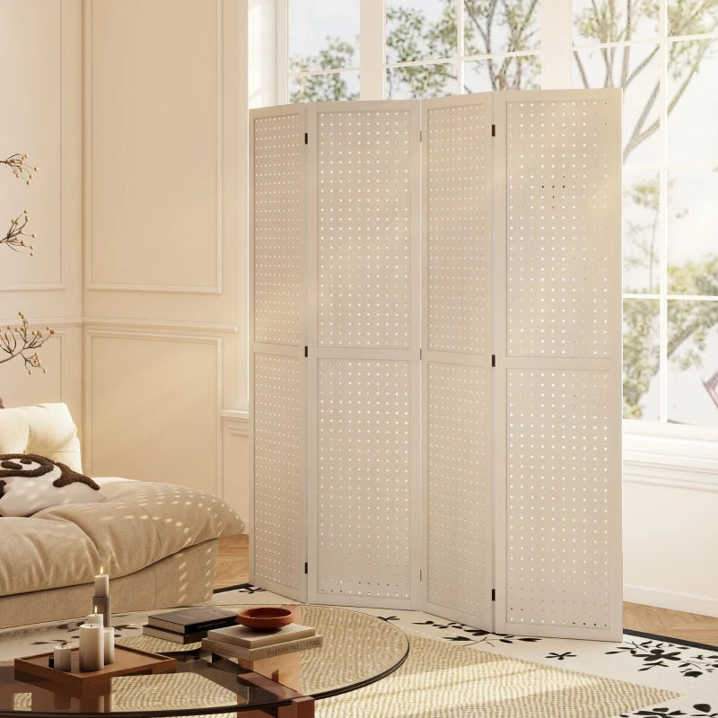 5.6 Ft. Tall 4-Panel Room Divider, Pegboard Panel Folding Privacy Screen, Partition Wall Divider for Bedroom, White