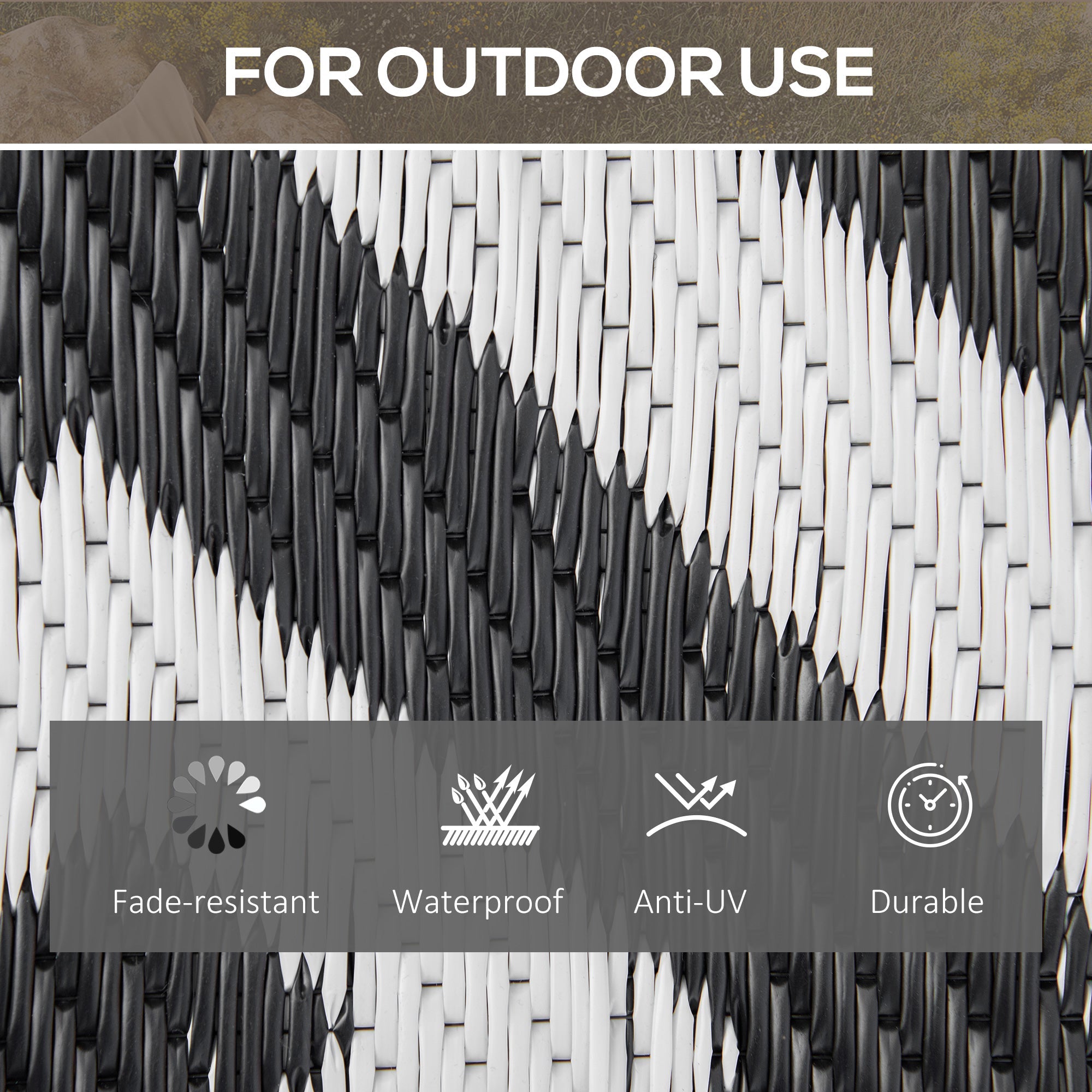 Outsunny Reversible Outdoor RV Rug, Patio Floor Mat, 5' x 8' Plastic Straw Rug for Backyard, Deck, Beach, Camping, Black & White 