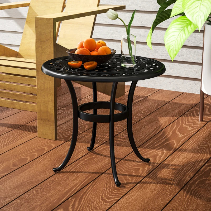 Ф23.6" Round Outdoor Side Table, Cast Aluminum Frame Patio Coffee Side Desk for Patio, Garden, Balcony, Black