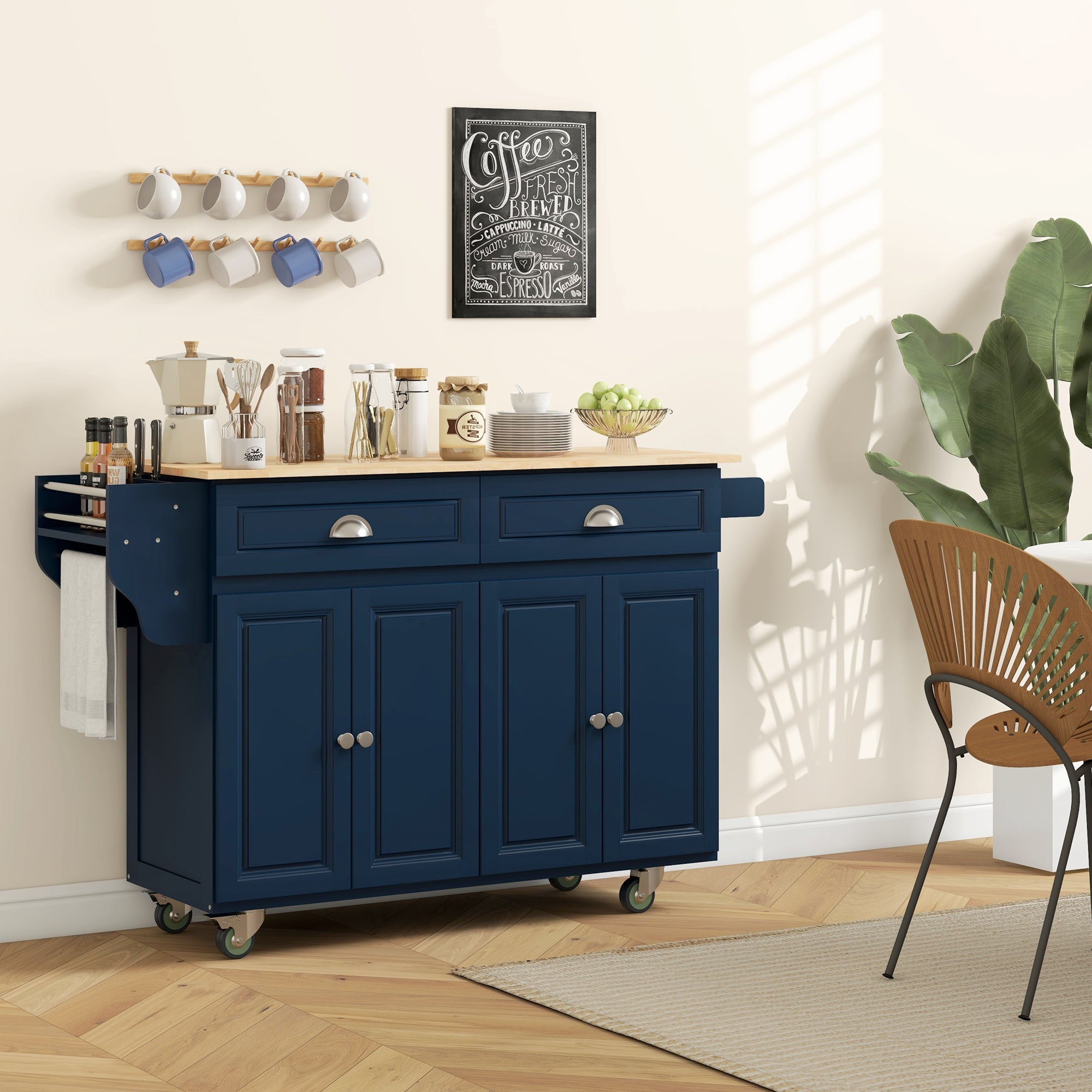 HOMCOM Kitchen Island with Storage, Rolling Kitchen Island with Drop Leaf, Rubber Wood Top and Adjustable Shelves, Navy Blue 