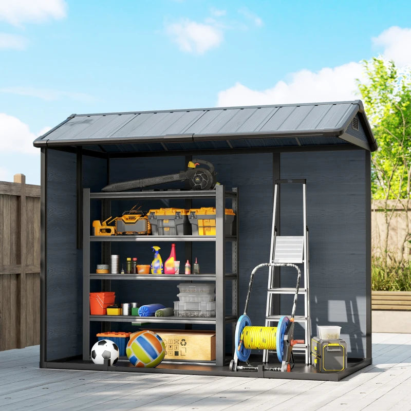 8 x 4 ft Resin Garden Shed, Wood-Effect Outdoor Storage Shed with Floor, Windows, Lockable Doors and Vents, Dark Grey
