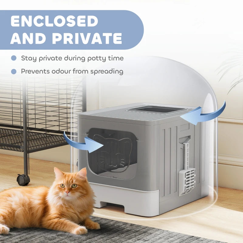 Foldable Cat Litter Box with Lid, Slide-Out Drawer, Scoop, Easy Clean, Odour Control, Anti-Splashing, Grey