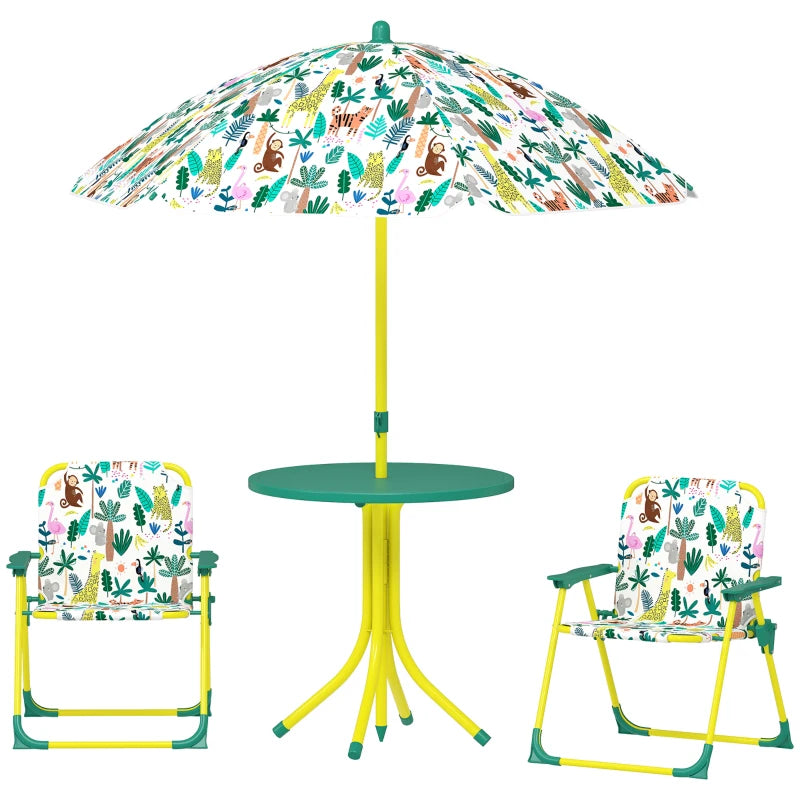Qaba Kids Picnic Table, Kids Table and Chair Set with 2 Folding Chairs and Umbrella for Backyard, Garden, Patio, Green