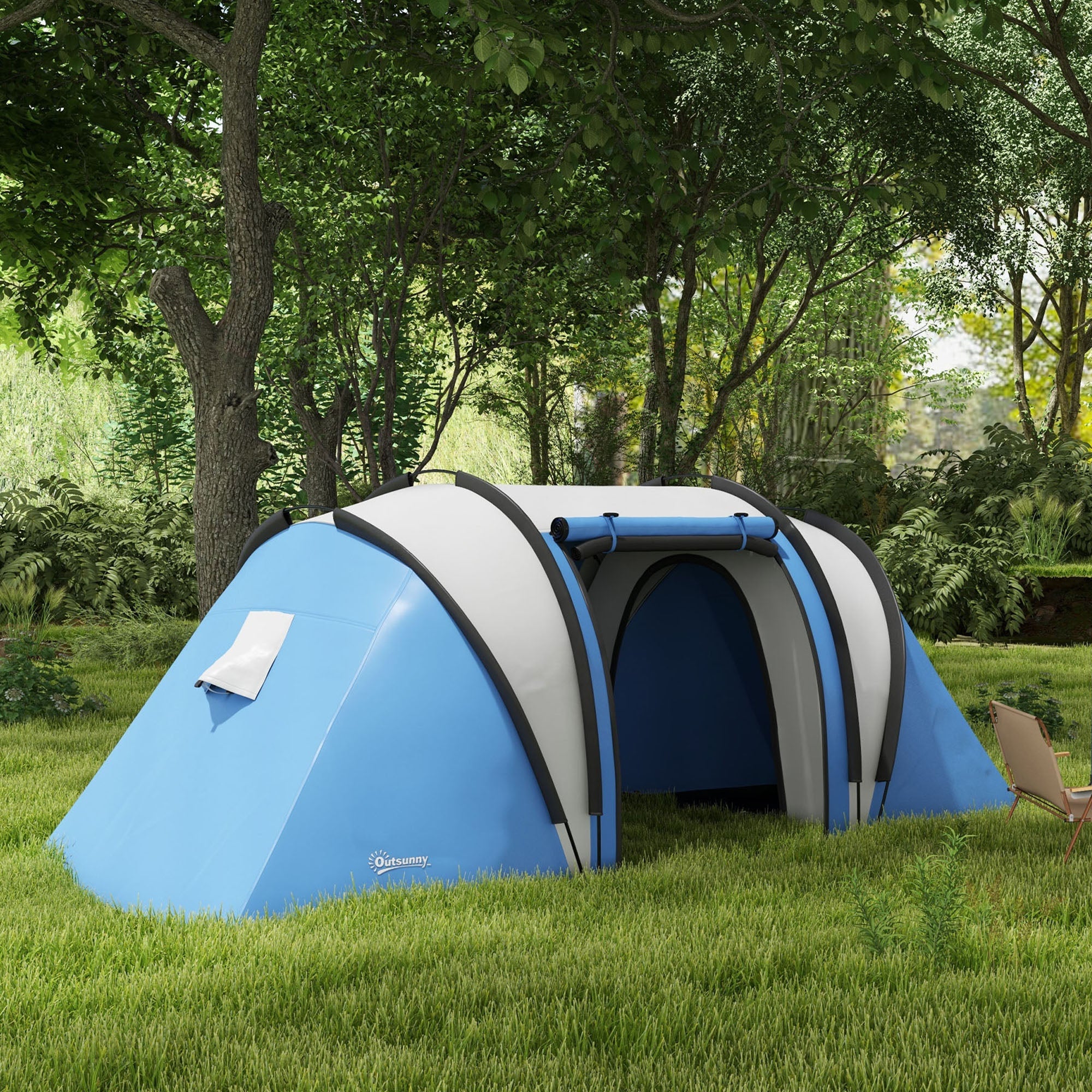 Outsunny Camping Tent with 2 Bedrooms and Living Area, 3000mm Waterproof Family Tent, for Fishing Hiking Festival, Blue 