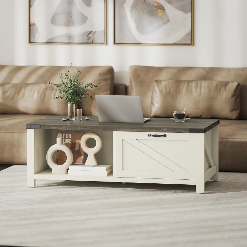 Farmhouse Coffee Table with Drawer, Open Storage Shelf for Living Room, Dining Room, Office, Distressed White