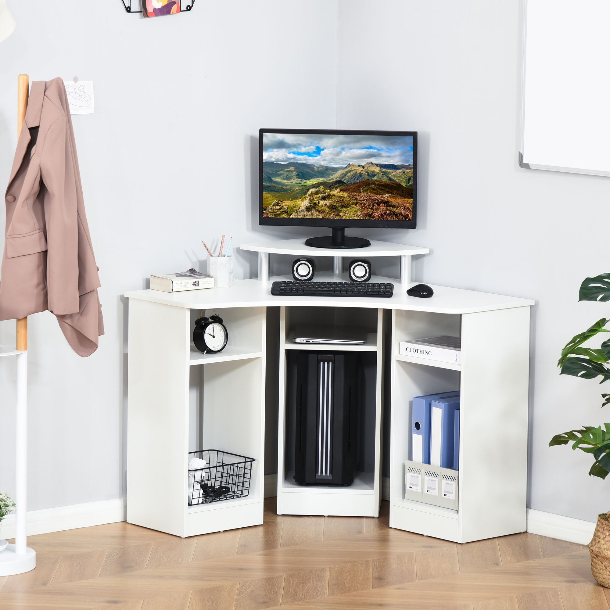 HOMCOM L-Shaped Desk with Monitor Stand Home Office Corner Workstation Small Space Solution White 